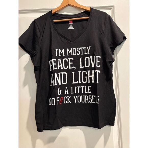 I'm Mostly Peace, Love and Light V-neck Women's T-shirt size Large - Picture 1 of 2